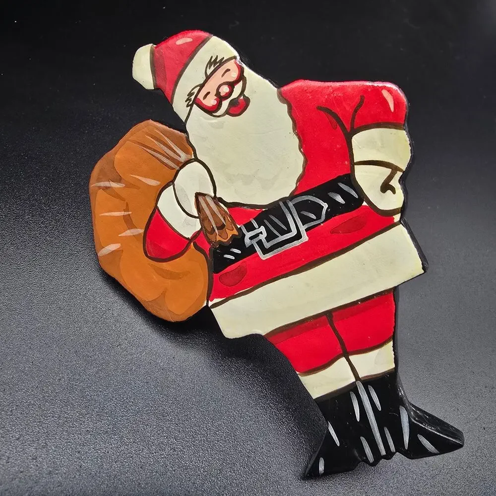Hand‎ Painted Santa Claus Scarf Clip Slide Ring Vintage 1980s Christmas
